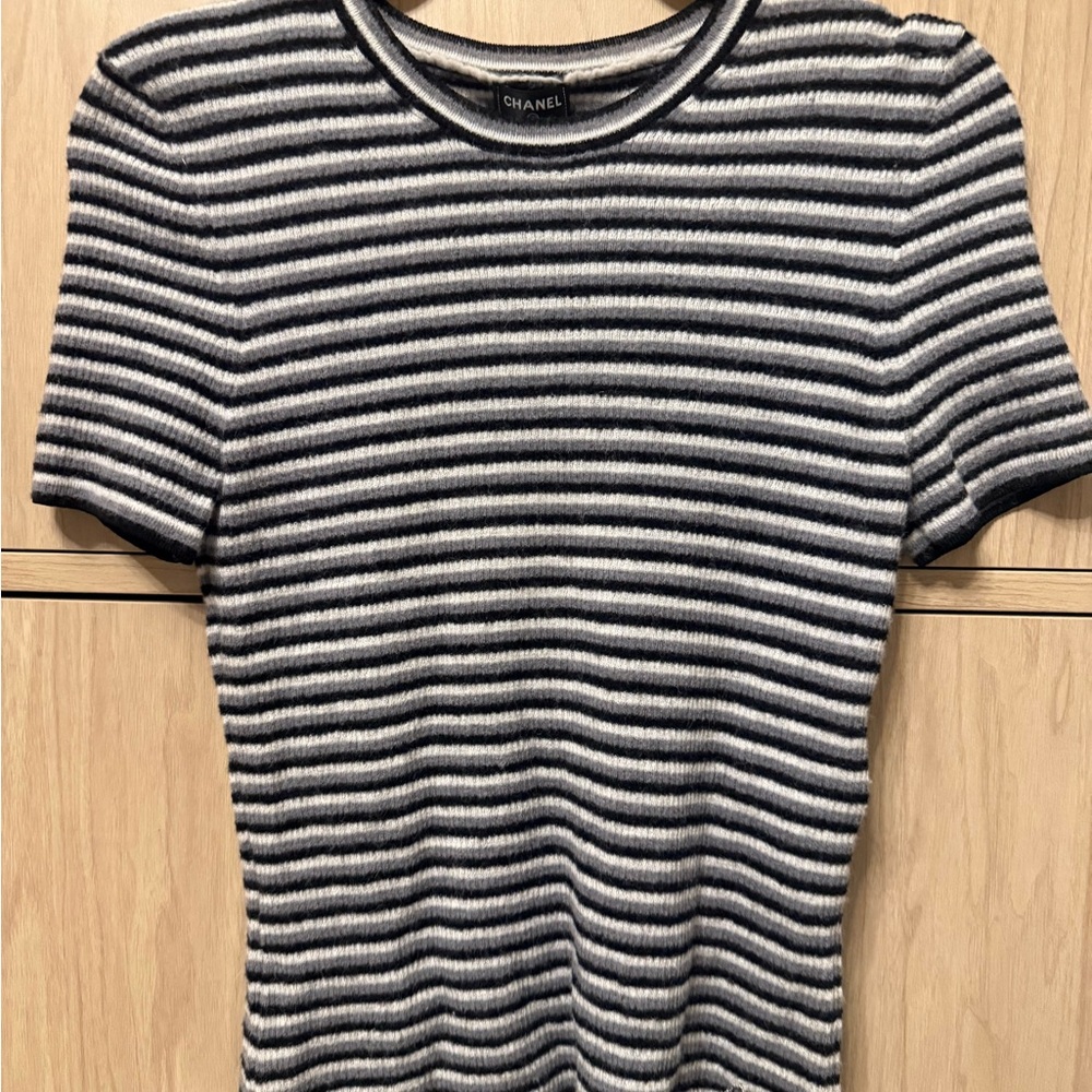 CHANEL Gray and White Striped Top